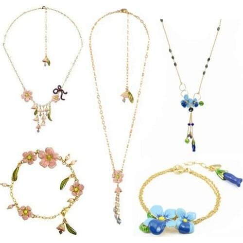 European and American Fashion Pink Orchid Series Set Enamel Color Glaze Blue Flower Tassel Long Necklace Bracelet Jewelry Female