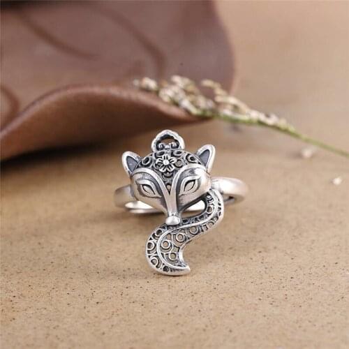 New Thai Silver Hollow Craft Fox Opening Ring Chinese Style Retro Fresh and Elegant Pendant Ladies Jewelry