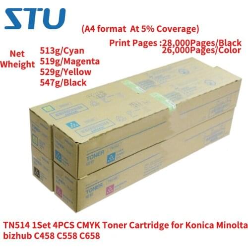 TN514 1Set New Original 4PCS CMYK Toner Cartridge for Konica Minolta bizhub C458 C558 C658