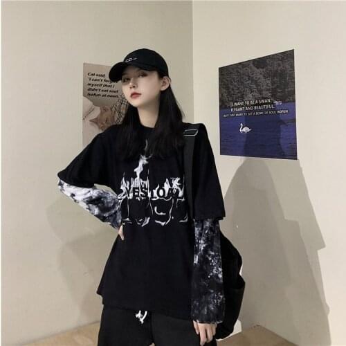 Autumn new Diablo Harajuku tie dyed letter print stitched long sleeve fake two-piece T-shirt