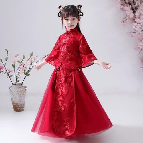 Girls Han Fu Chinese Style Embroidery Flower Girl Dress For wedding party Evening birthday Dresses to attend the first dress