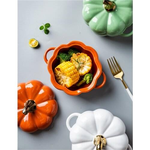 With Lid Ceramic Pumpkin Bowl Handle Salad Fruit Soup Lid Bowl Home Kitchen Microwave Oven Exquisite Decorative Tableware