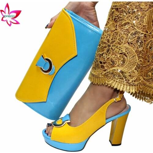 Super High Heels Yellow and Sky Blue Color Nigerian Women Shoes and Bag Set for Party African Lady Shoes Matching Bag Set
