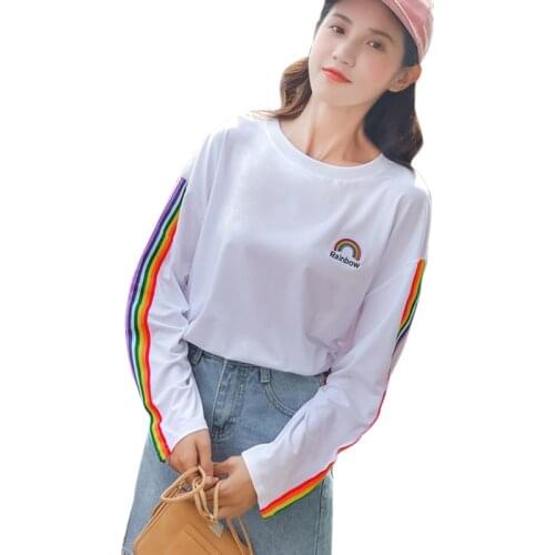 Spring Harajuku Cute Cartoon Rainbow Stripe T-Shirt Girl Long Sleeve O-Neck Preppy Casual Oversized Loose Tee