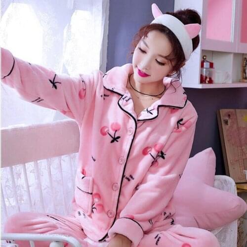 Pajamas Women Thickened Flannel Sleepwear Suit Home Clothing Girl Coral Fleece Autumn Winter Long Sleeve Cute Nightgown H5631