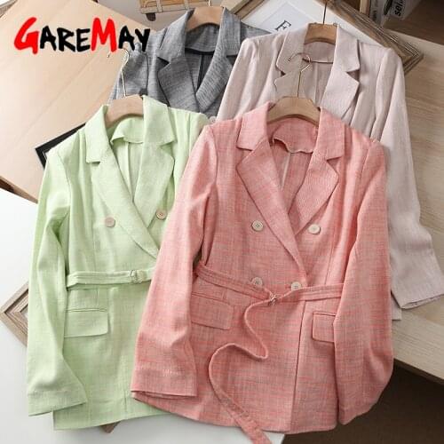 Womens Blazer 2021 Spring Classic Beige Office Plaid Fashion Belts Colorful Elegant Autumn Cotton Linen Suit for Women Loose