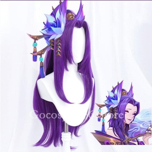 Spirit Blossom Cassiopeia Wig Bun LoL Cosplay Purple Synthetic Hair 80cm Long Straight Wig Women NEW Cassiopeia Cosplay