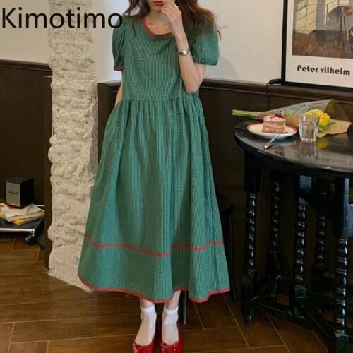 Kimotimo Vintage Plaid Puff Sleeve Dress Women Korean Chic Age Reduction Color Contrast Loose Long Dresses 2021 Summer Design
