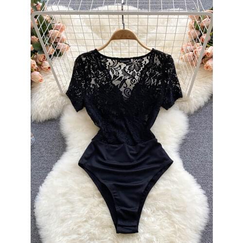 Sexy Women Lace Bodysuits Black Elegant V-Neck Short Sleeve High Waist Bodycon Romper Female Summer Patchwork Jumpsuits 2021 New