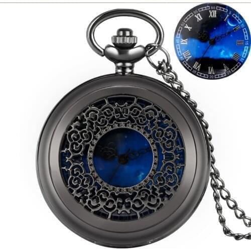 Starry Blue Dial Pendant Exquise Bronze Hollow Case Quartz Pocket Watch Roman Numerals Retro Watch Souvenir Gifts for Men Women