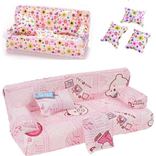 1 Set Beautiful Mini Dollhouse Furniture Flower Print Cloth Sofa Couch With 2 Full Cushions For Doll House Decoration Toys
