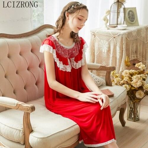 2021 Summer Red Nightgown Women Sleepwear Lady Spring Lace Gauze Sleeping Nightdress Female Princess Nightgowns Comfortable