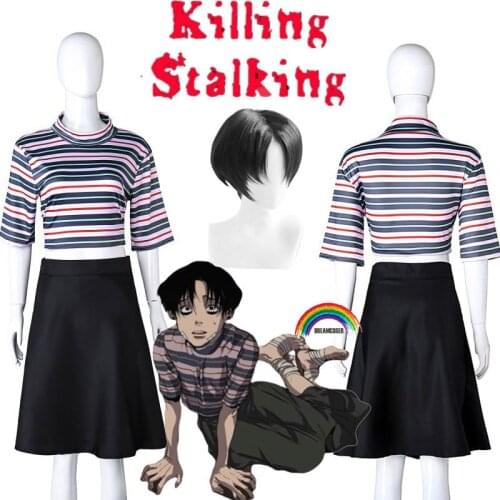 3PICS Killing Stalking Yoon Bum Yoonbum Short Black Heat Resistant Cosplay Costume Wig + Wig Cap Tshirt and skirt Drop All set