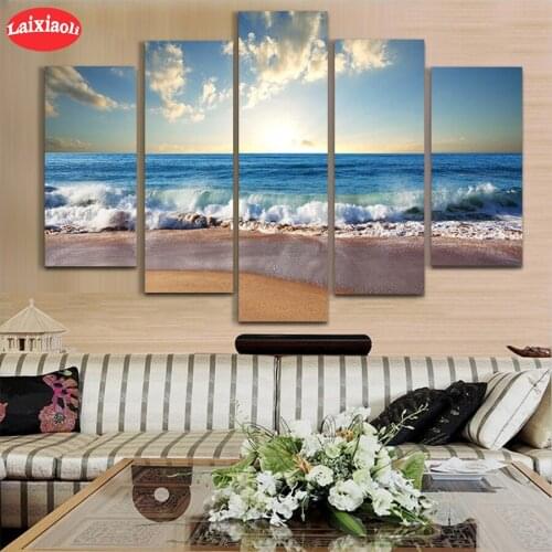 5D round Diamond Embroidery Picture Sunset beach landscape Of Rhinestones Diamond Painting Full Square Mosaic Cross Stitch5 PCS