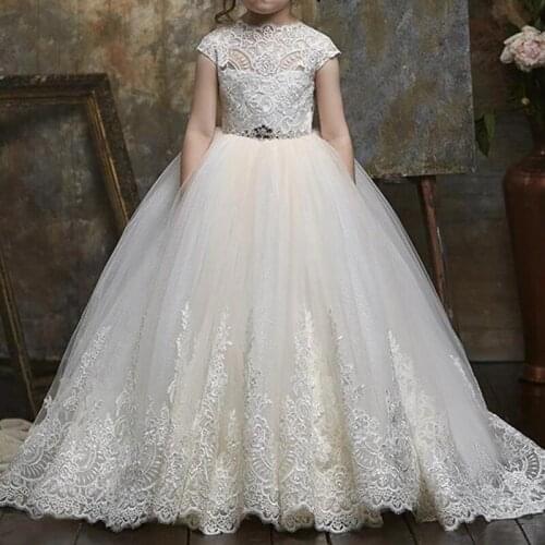 Cap Sleeves Ball Gown Flower Girl Dress 2020 Keyhole Back Sweep Train Toddler Infant First Communion Dress for Kids