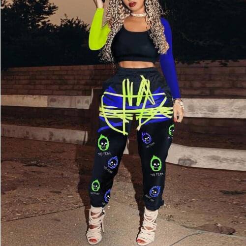 Harajuku Neon Color Block 2 Piece Matching Sets Long Sleeve Slim Fit Crop Tee and Print Jogger Pant Hip Hop Streetwear Outfits