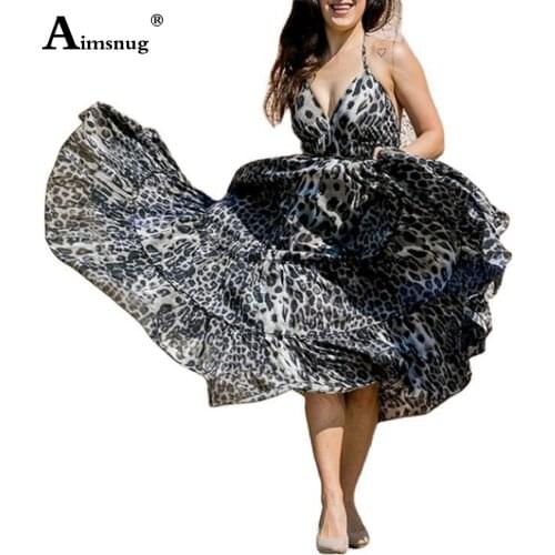 Aimsnug 2020 Summer Ladies Elegant V-neck Maxi Dress Leopard Print Sexy Dresses Plus size Women Casual Coffee Gray Long Dress