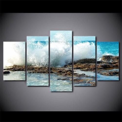 Wall Art Home Decor Framework Canvas Painting Poster For Living Room HD Printed 5 Panel Sea Coast Wave Landscape