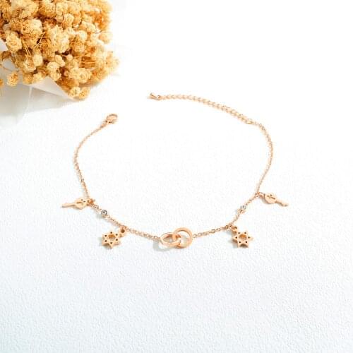 Delicate Rose Gold Key and Star of David Charms Anklets Bracelet in Stainless Steel