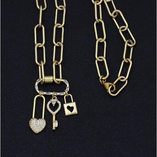 Geometric CZ Zircon Oval Screw Connector Pendant Necklace New Style Heart Key Padlock For Women Best Friend Jewelry Gift