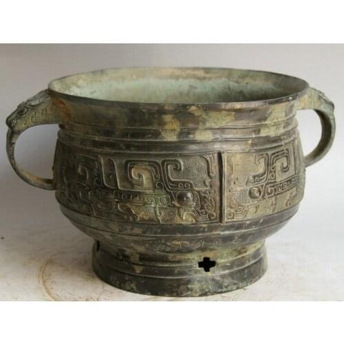 Song voge gem S2284 12" Old Chinese Bronze Beast Head handle Ware vessel Pot Jar basin Burner Censer