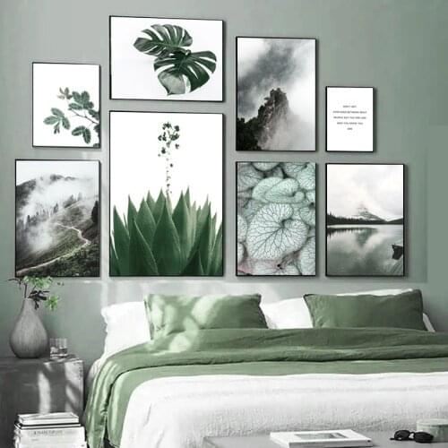 Modern Nature Scenery Poster Home Wall Art Decor Canvas Print Green Leaf Plant Fog Landscape Picture Decor Nordic Art Painting