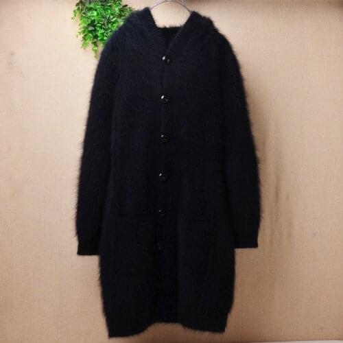 Thick autumn winter female women plush mink cashmere knitted long sleeves hooded slim cardigans angora fur jacket coat sweater