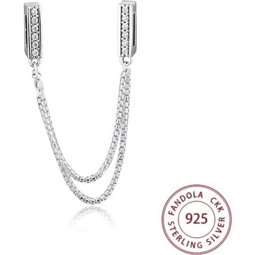 CKK Authentic 925 Sterling Silver Reflexions Sparkling Safety Chain Charms Fits Original Bracelet DIY Beads for Jewelry Making