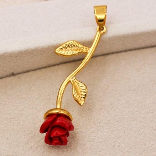 Trendy Gold Plated Red Rose Plant Resin Flower Pendant With Copper For Women Girls Fashion Jewelry Accessories Party Wedding Gi