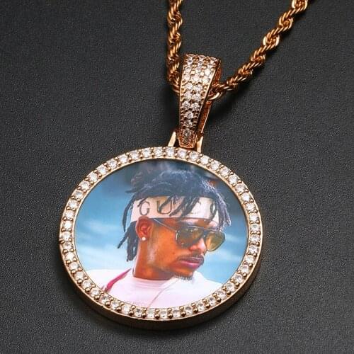 Custom Photo Frame Memory Necklace AAA Cubic Zircon Bling Iced Out Medallions Round Pendants Necklace Men Hip hop Jewelry