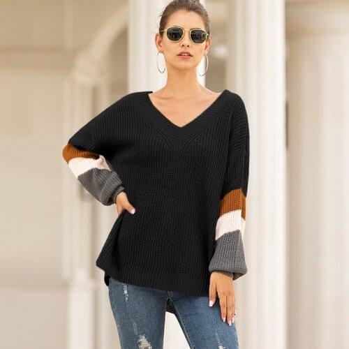 Pullover sweaters ladies fashion patchwork v-neck sexy loose knitted tops autumn winter basic clothes for girls lantern sleeved