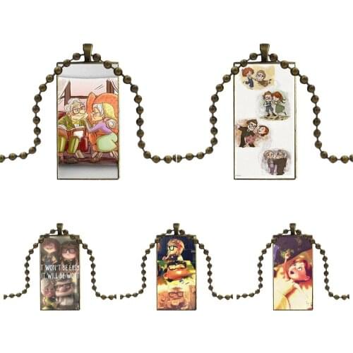 Romantic Up Carl And Ellie Couple Glass Cabochon Pendant Necklace Rectangle Fashion Necklace For Unisex Gift