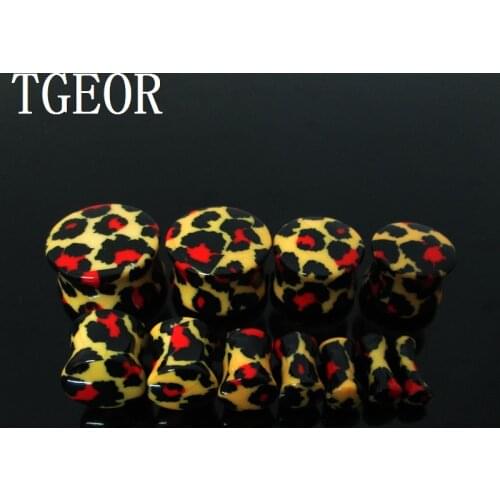 RETAIL ear expander 1pair gauges yellow leopard pattern print acrylic saddle ear plug HOT&NEW FREE
