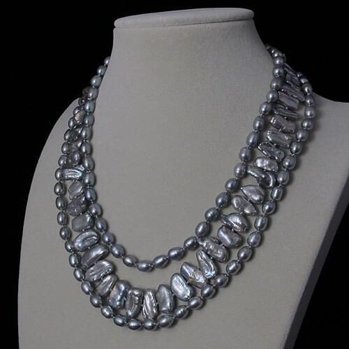 Handmade Real Pearl Jewellery 3 Rows Gray Color AA 6-15MM Rice Baroque Genuine Freshwater Pearl Necklace 17-20'' Magnet Clasp