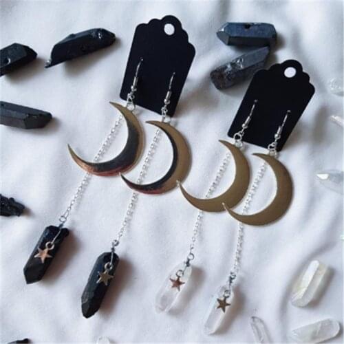 White/Black Quartz Crystal Aura Witchy Earrings, Crescent Moon Gothic Occult Boho Crystal Crown Accessories Jewelry Earrings