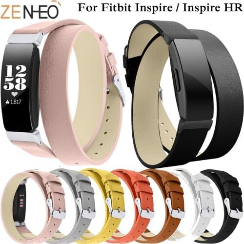 Replacement Double Genuine Leather sport Band Strap for Fitbit Inspires HR Wrist Strap with Silver Buckle Watch Strap