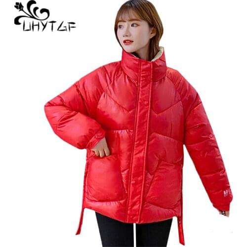 UHYTGF Glossy cotton winter coat woman 2020 fashion down jacket casual short outerwear Korean loose plus size parker Female 1269