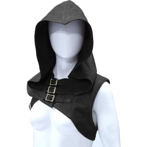 Vintage Medieval Leather Hood Cape Halloween Monk Cowls Capelet Windproof Neck Warmer Buckle Suede Mantle Headwear For Men Women
