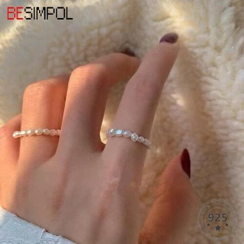 Besimpol Real Natural Freshwater Pearl Rings Vintage Korean Version Elegant Party Rings For Women Minimalist Fine Jewelry Charms