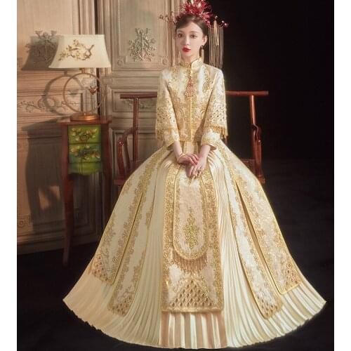 Champagne Embroidery Beading Cheongsam Oriental Bride Wedding Dress Chinese Style Marriage Set Costume Toast Clothing S-4XL