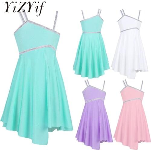 YiZYiF Kids Girls Latin Lyrical Dance Costumes Teens Asymmetrical Shiny Ballet Tutu Dress Gymnastics Ballerina Dance Leotards