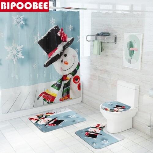 Snowman Funny Shower Curtain with Hooks Merry Christmas Bathroom Anti-slip Carpet Cover Toilet Lid Bath Mat Rugs Festival Decor