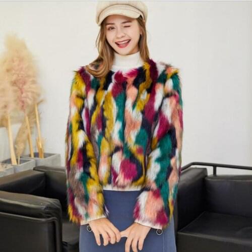 Women Colorful Camouflage Faux Fox Fur Coat Female Short Autumn Winter Fake Fur Jacket Plush Cardigan Пальто Женское Осень J3511