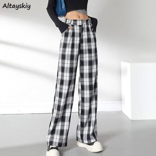 Pants Women Retro Black White Plaid Trendy Buttons Chic Full Length Ladies All-match Streetwear Thin Leisure Simple Drape Loose