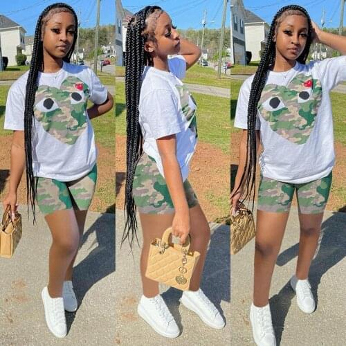 2021 summer ladies suit fashion trend casual camouflage shorts sports short sleeve two-piece suit