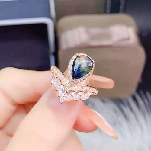 Natural Water Drop Shape Sapphire Real S925 Sterling Silver Ring Fine Fashion Weddings Jewelry For Women MeiBaPJFS