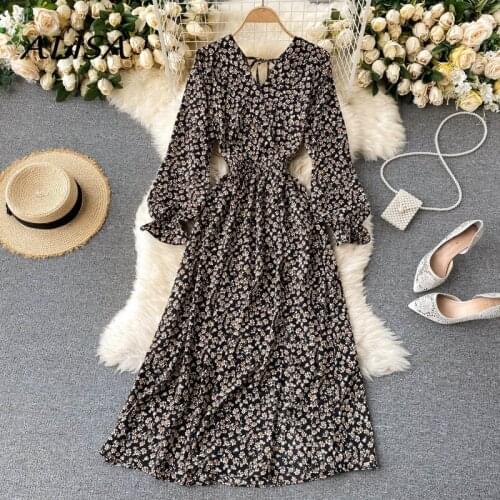 New 2021 Vintage Dress Women Slim Long Sleeve Sexy V Neck Spring Autumn Dresses Ladies Korean Elegant Beach Boho Long Robe