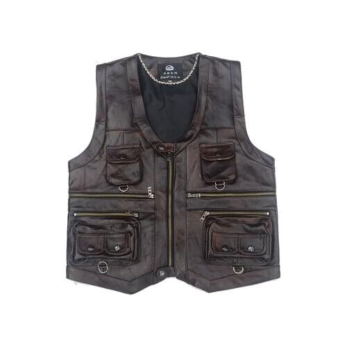 Cow Genuine Mens Casual Zipper Multiple Pockets Brown Motorcycle Biker Leather Vest Reporter Waistcoat