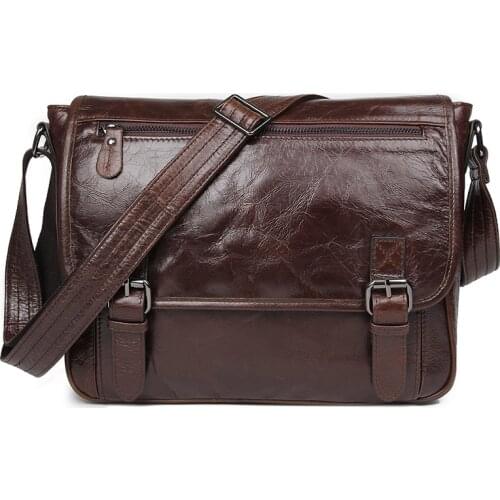 13" Laptop Briefcase Shoulder Bags Cow Leather Men Brown Business Travel Vintage Casual Fashion Genuine Leather Crossbody Bag