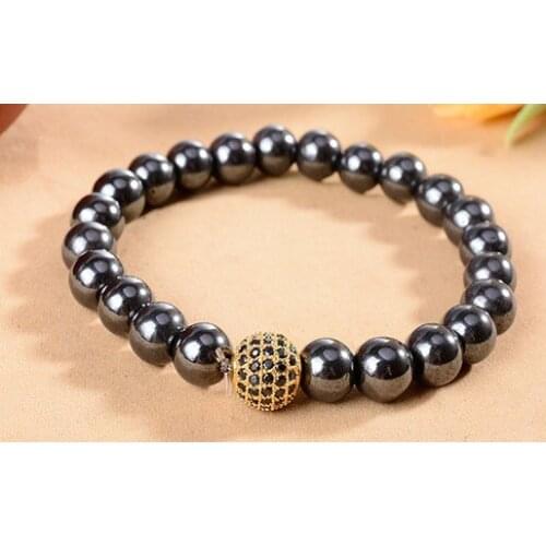 8mm gb242 gold silver ball micro pave cz zircon cubic zirconia elastic thread adjusted black Magnetite Stone bead Bracelet